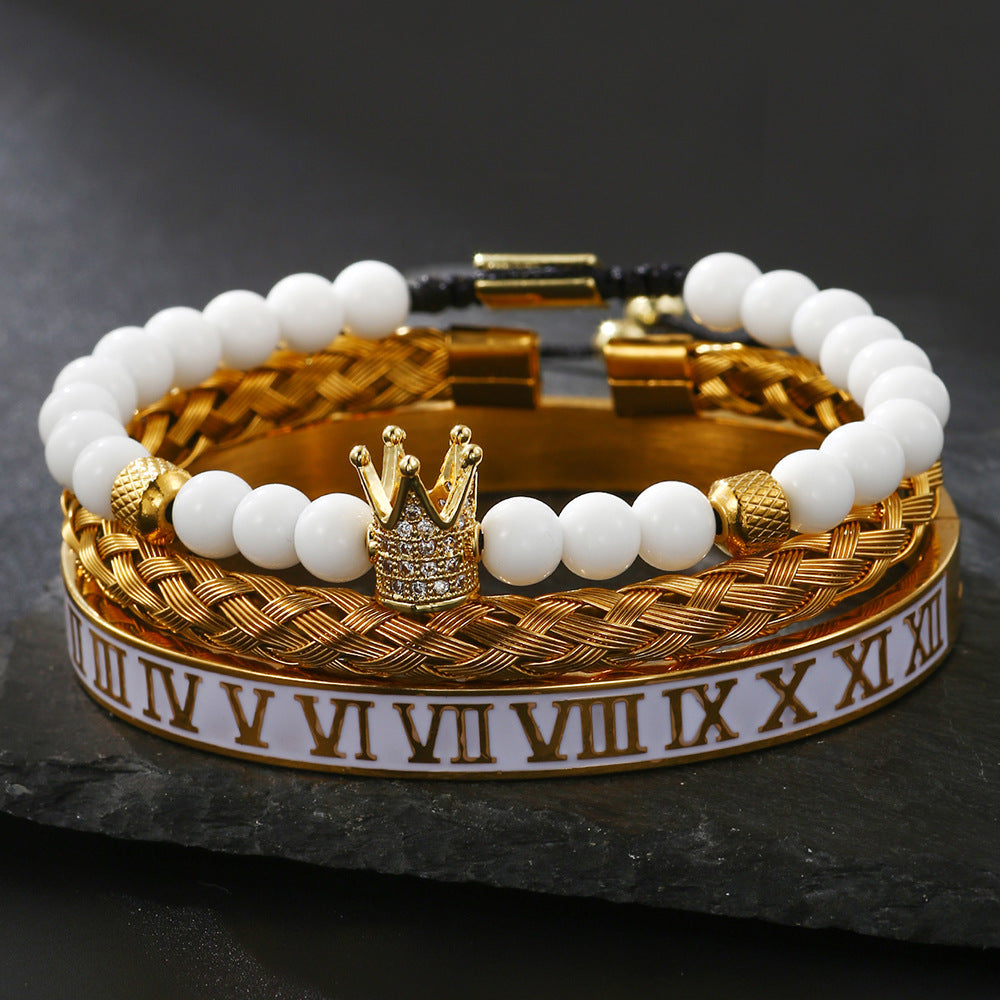 White Drip Oil Plated Stainless Steel Bracelet Set with Cubic Zirconia Skull, Leopard Head, Crown and Roman Numbers