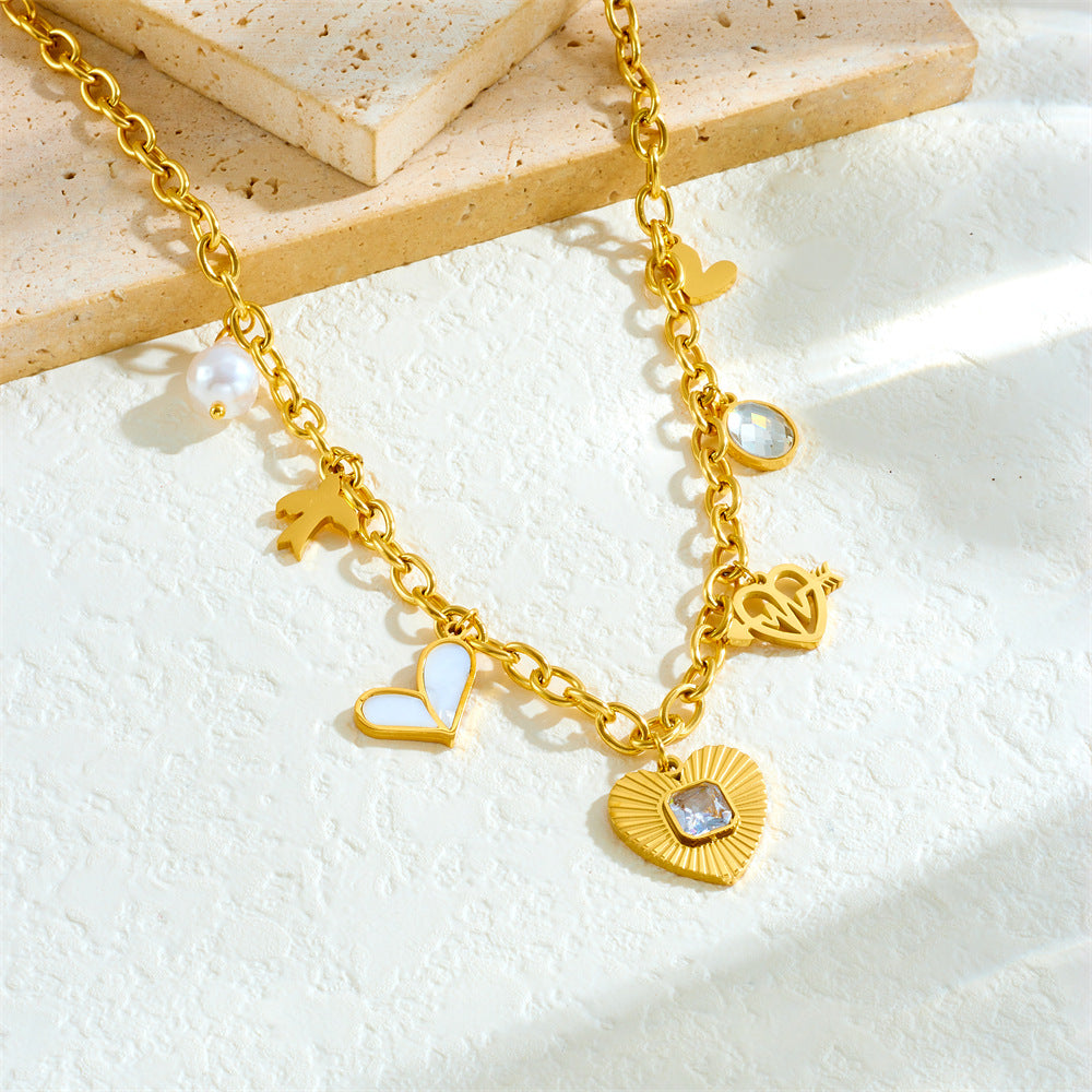 Elegant Heart Rhinestone Inlay Plated Stainless Steel Necklace with Cable Chain for Women