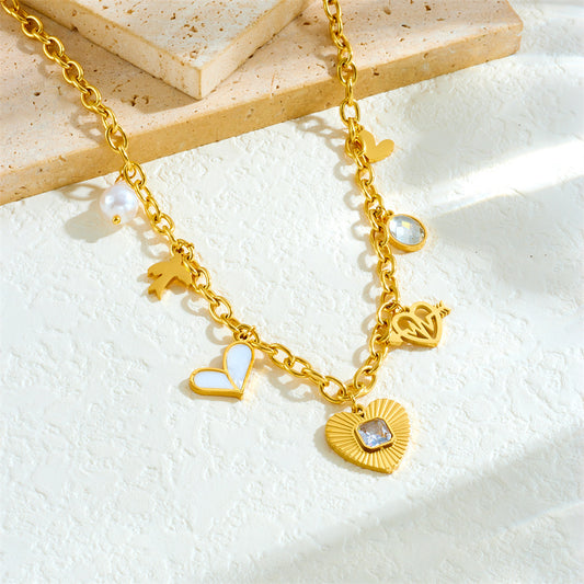 Elegant Heart Rhinestone Inlay Plated Stainless Steel Necklace with Cable Chain for Women