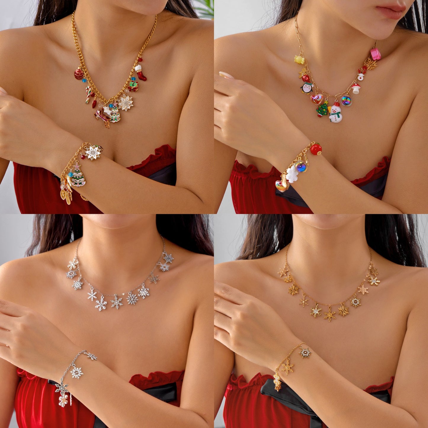 Dulce y Atrevido Set de Colgantes Navideños con Dijes de Copo de Nieve, Ciervo, Muñeco de Nieve y Árbol, Cadena Electrochapada de Aleación de Zinc, Joyería Unisex