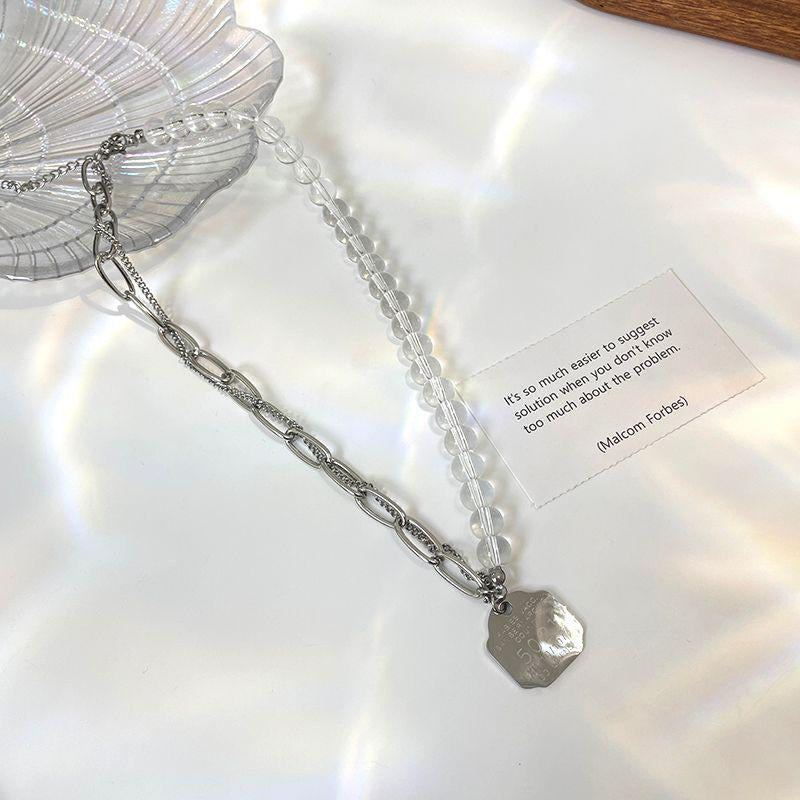 Minimalist Bear Pendant Necklace for Women with Geometric Shape and Irregular Design, Double-Layered Beaded Chain for Sweater Layering