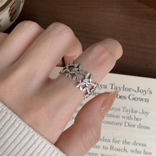 S925 Sterling Silver Leaf Ring Floral Vintage Minimalist Retro Open Band Ring for Women