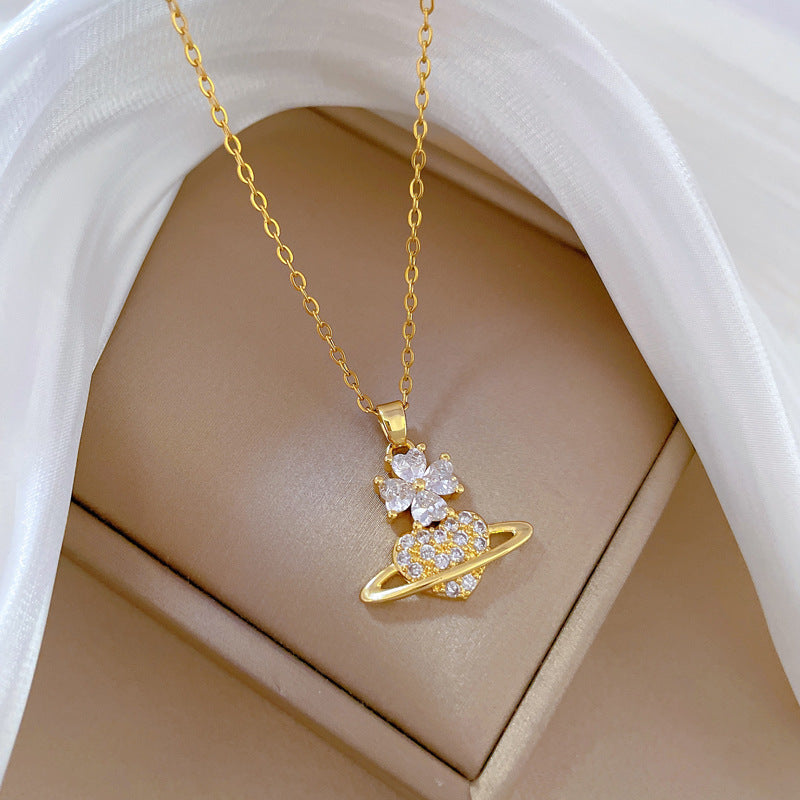 Collana con ciondolo Luxury Floral Planet per uomo e donna con catena in acciaio al titanio e strass intarsiati con design geometrico