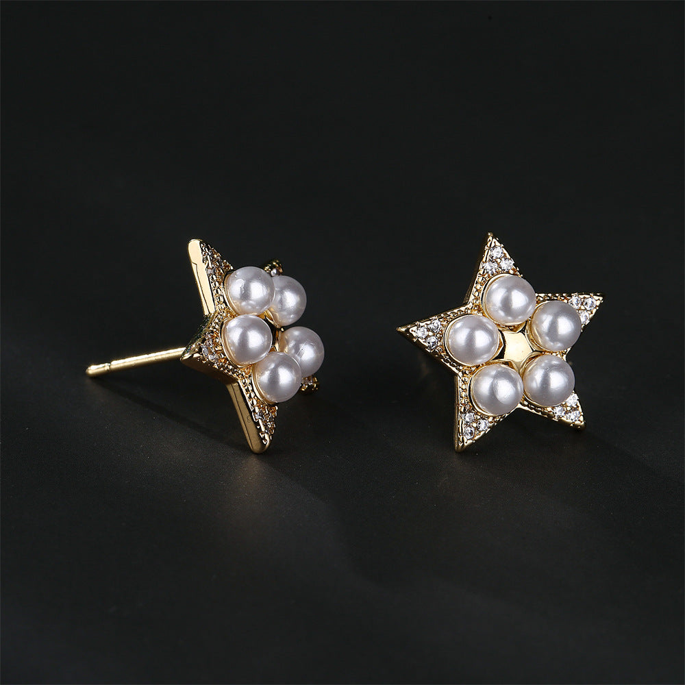 Gold Plated Brass Star Stud Earrings with Cubic Zirconia and Pearl Inlay