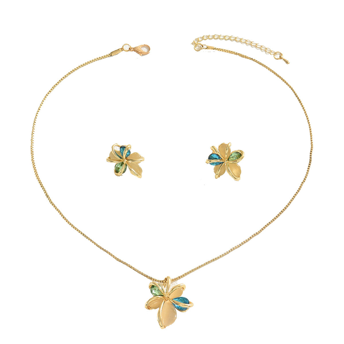 Set Collana con Pendente Floreale e Orecchini da Donna in Stile Barocco, in Rame con Intarsio di Strass Placcato Oro