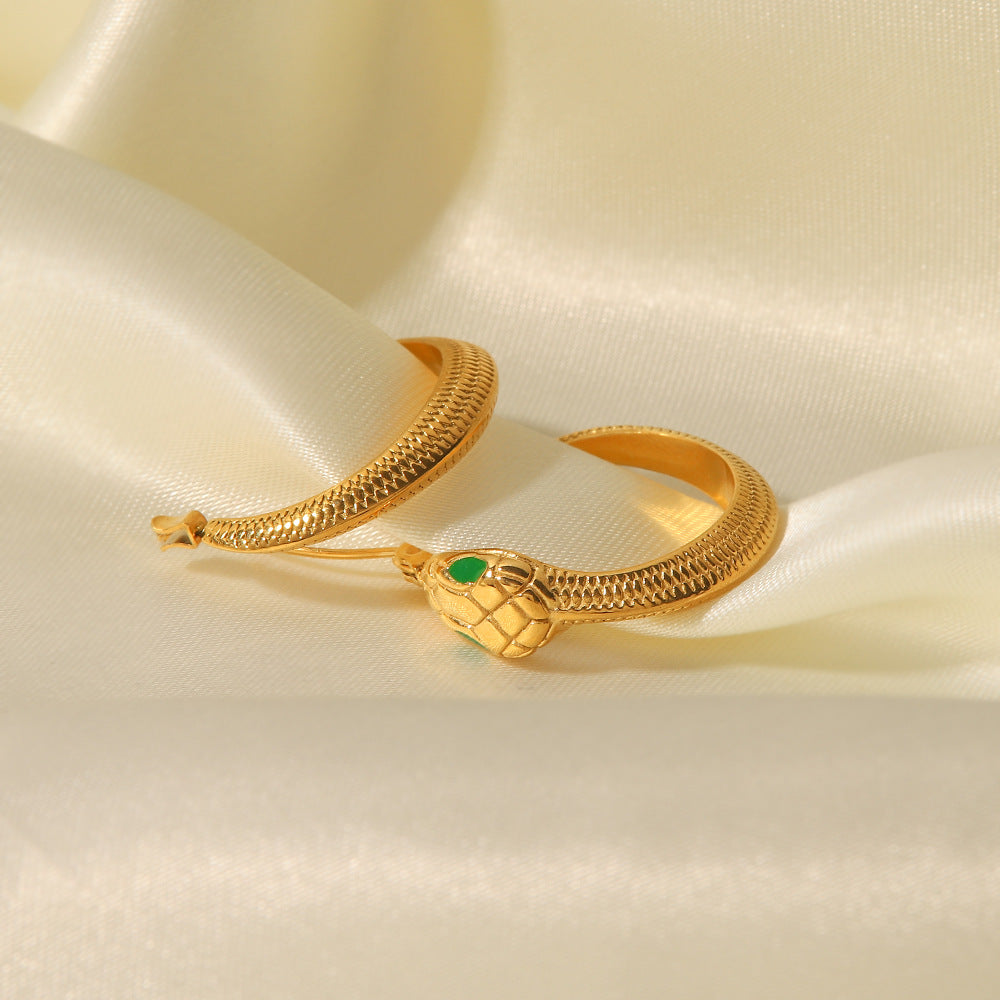 Geometric Snake-Shaped Stainless Steel Earrings for Women with Green Crystal Eyes, Hypoallergenic and Fade-Resistant