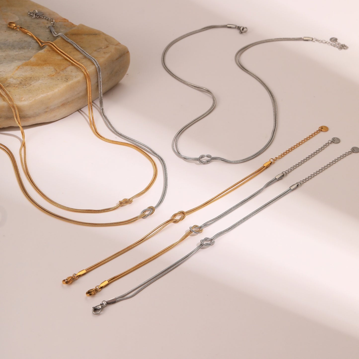 Fashionable Geometric Stainless Steel Plated Necklace with Knot Detail and Double-Layer Clavicle Design for Women