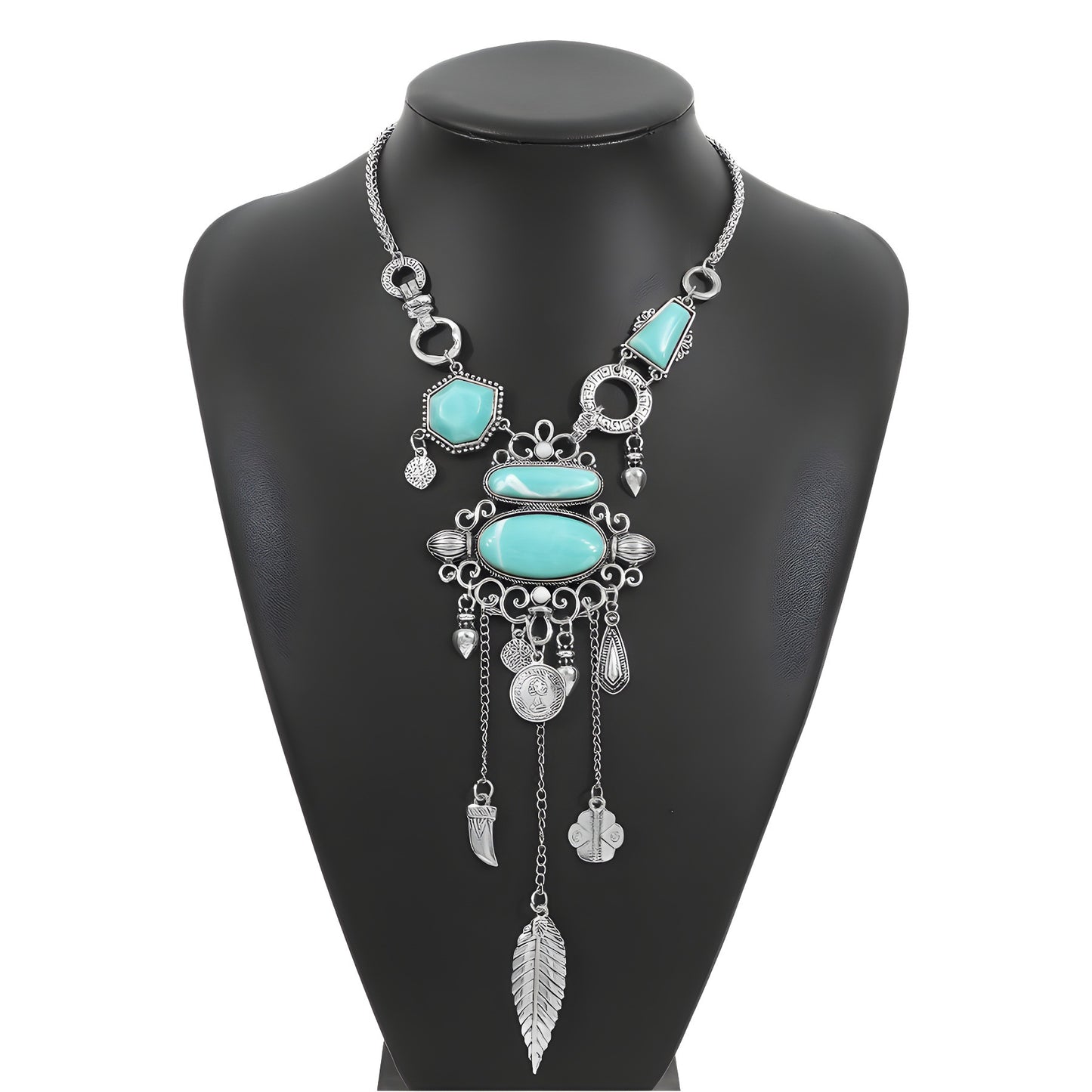 Collar étnico con colgante geométrico de aleación con incrustaciones de turquesa en cadena de serpiente, diseño vintage