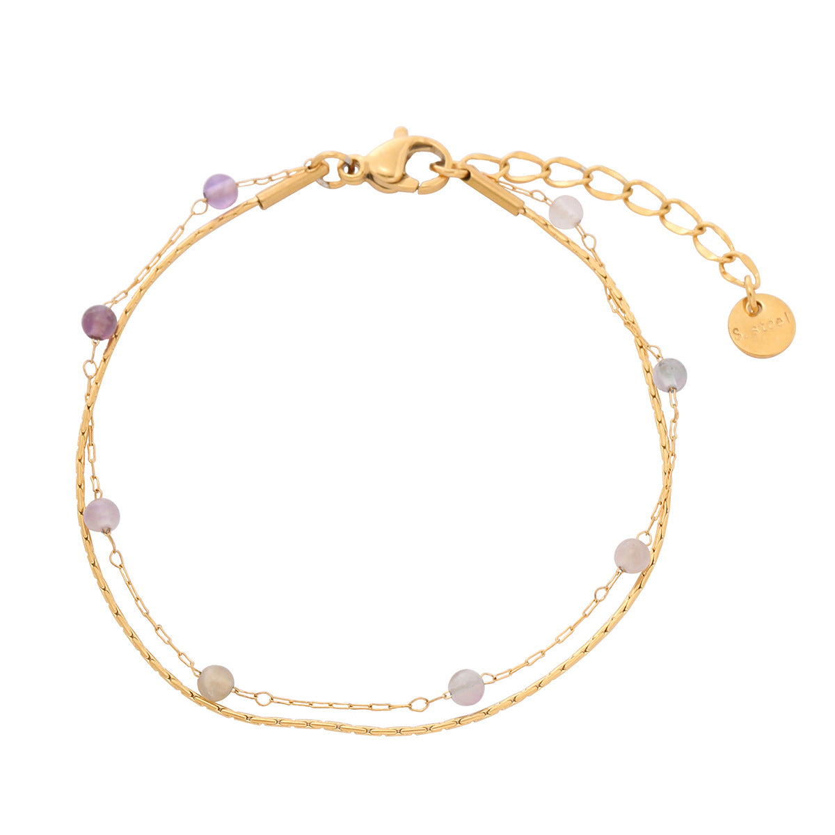 Bracciale doppio strato in acciaio al titanio con forme geometriche, stile OL alla moda, con perline di granato naturale e finitura placcata oro 18K per donna
