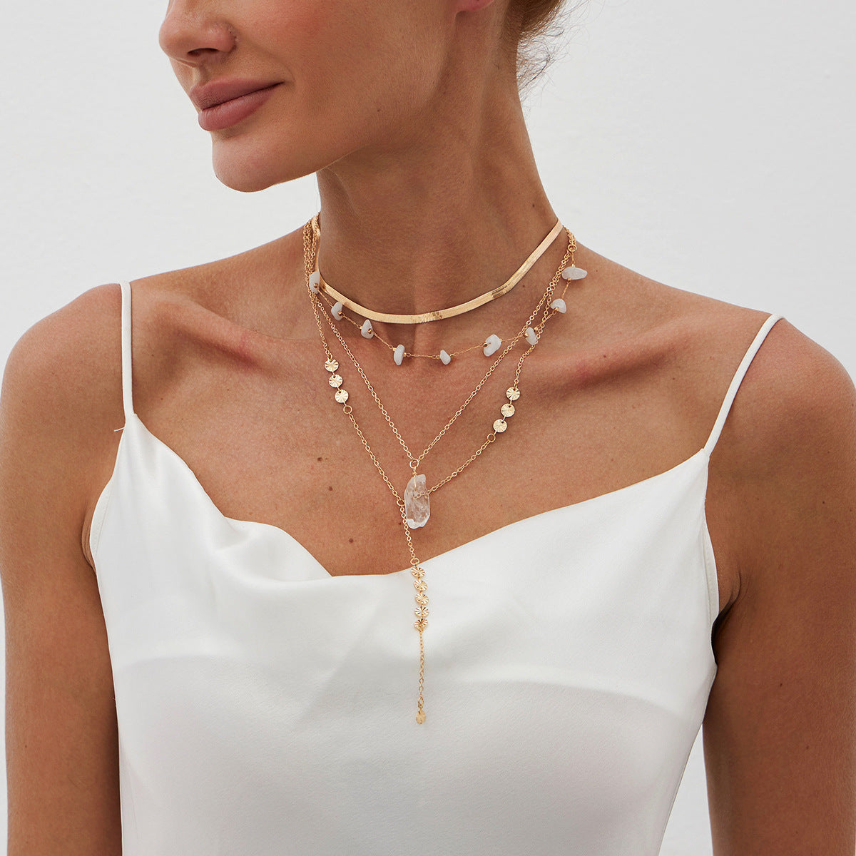 Bohemian Vintage Geometric Round Crystal Plated Brass Multi-layer Snake Chain Necklace for Women
