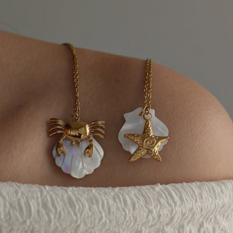 18K Gold Plated Stainless Steel Starfish Conch Shell Charm Bar Necklace Cable Chain Unisex Summer Beach Jewelry
