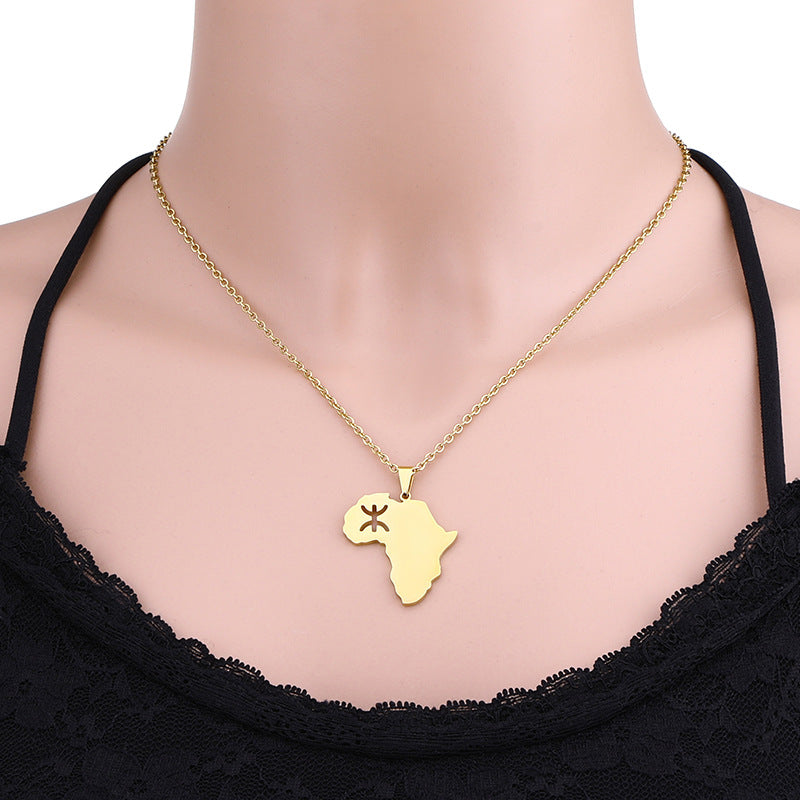 Collar con Colgante de Mapa Geométrico Africano Estilo Tribal Bereber en Acero Inoxidable con Acabado Chapado para Unisex