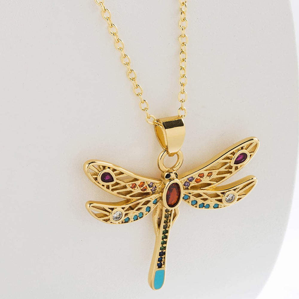 Elegant French-Style Dragonfly Pendant Necklace for Women in Copper with Real Gold Plating and Zircon Inlay