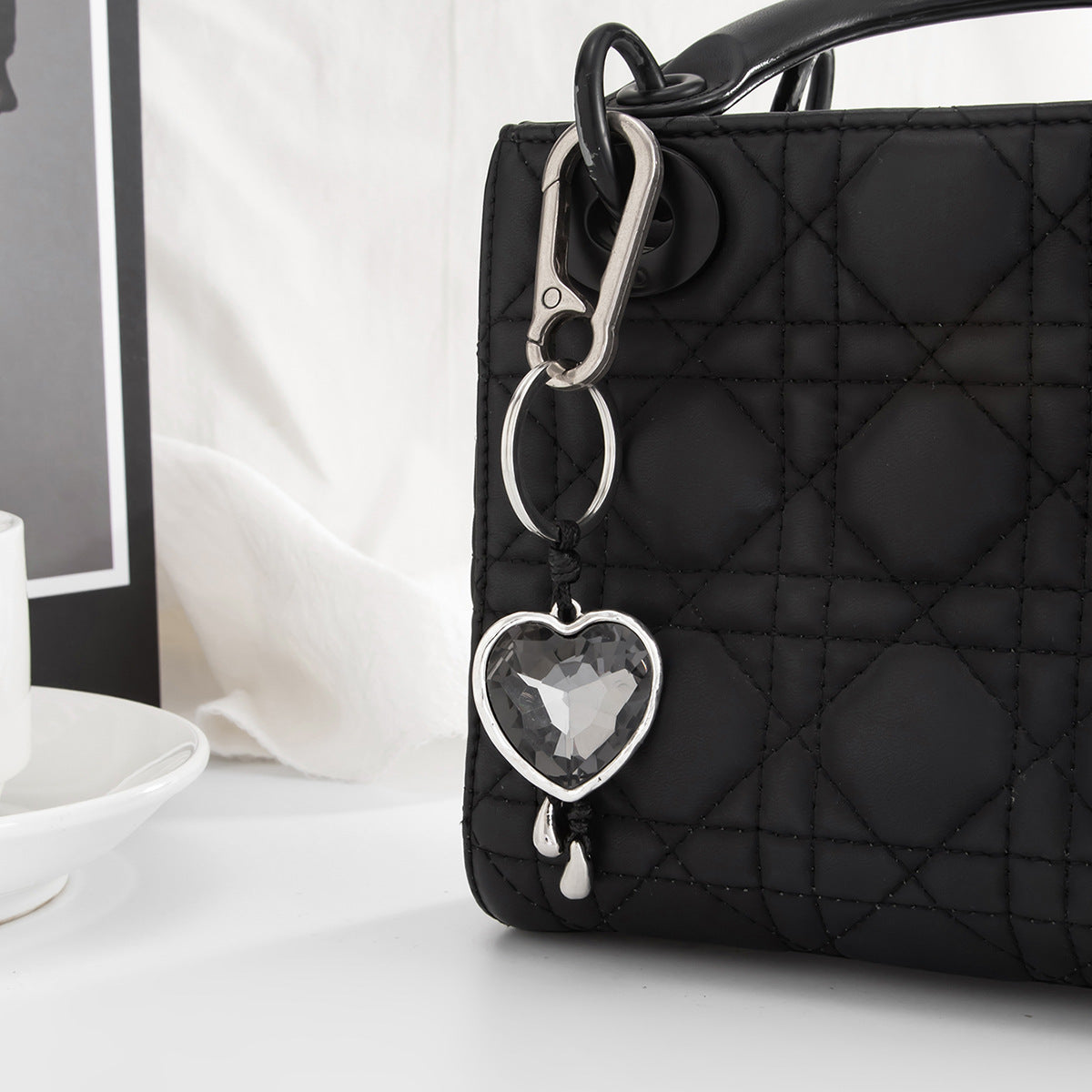 Fashion Plated Alloy Heart Teardrop Acrylic Rhinestone Charm Bar Keychain Bag Chain