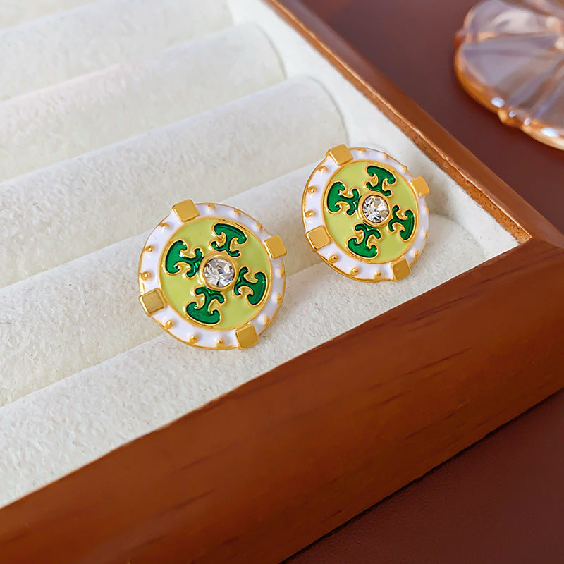 Vintage Floral and Geometric Enamel Earrings for Women with Gold-Plated Brass Base and Stainless Steel Posts