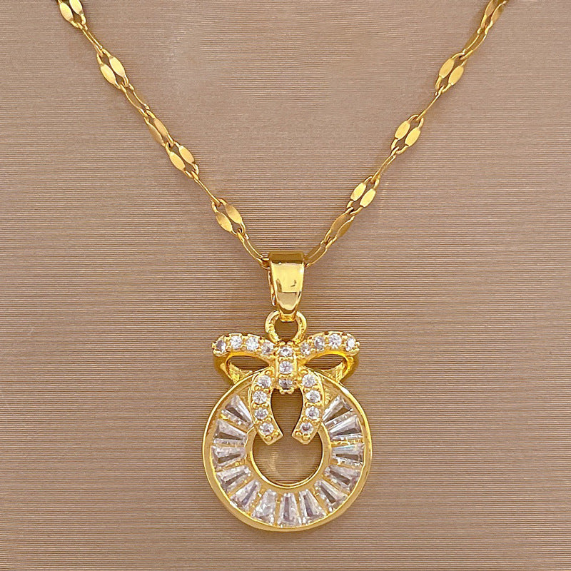 Sweet Geometric Butterfly Rhinestone Inlay Titanium Steel Necklace with Brass Pendant