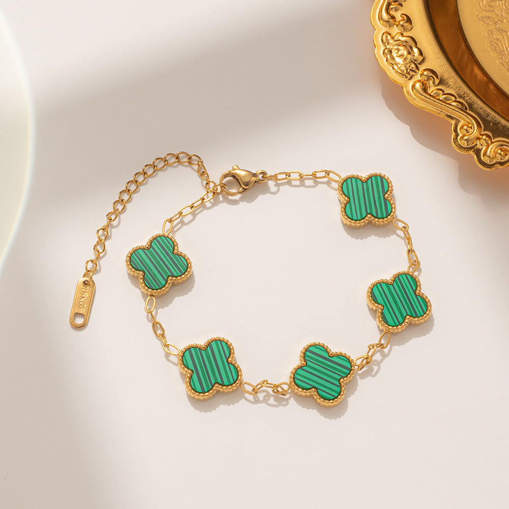 Luxury Geometric Four-Leaf Clover Bracelet 18K Gold Plated Titanium Steel Five-Color Double-Sided Women