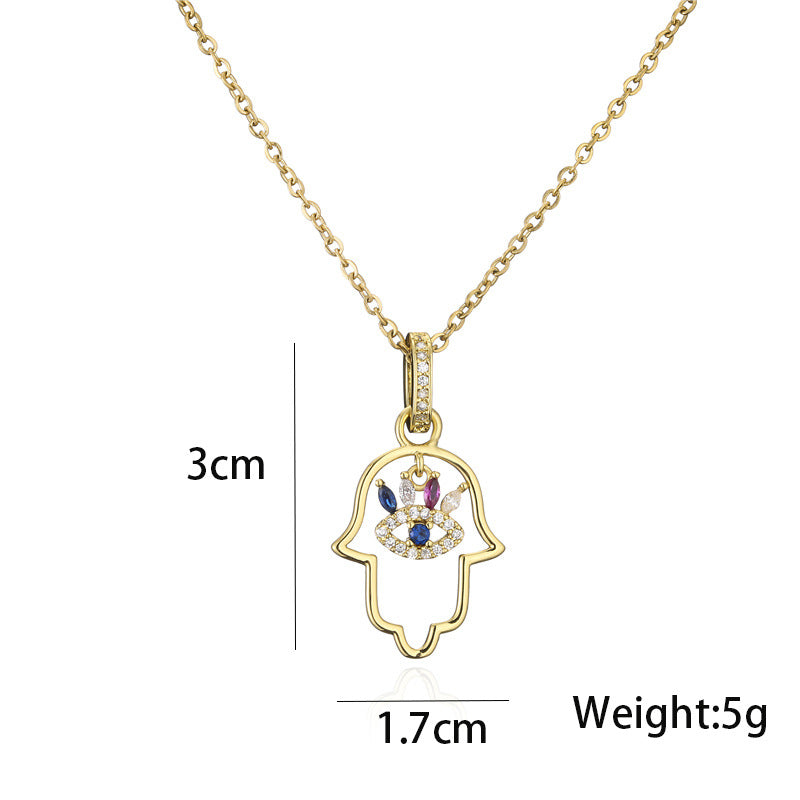 Fashion Hand Evil Eye Geometric Drip Oil Gold Plated Brass Micro-inlay Cubic Zirconia Necklace for Women with Cable Chain