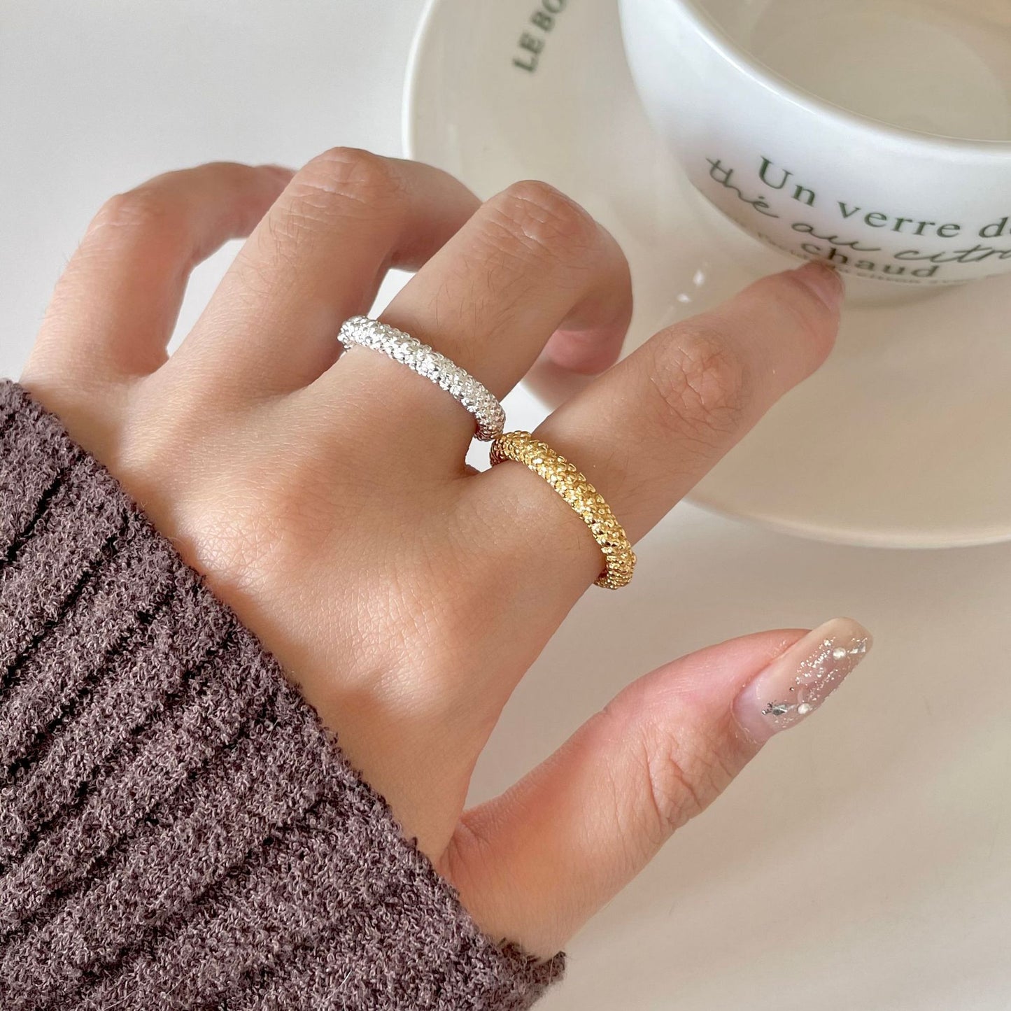 Simple Textured Geometric Heart-Shaped 925 Sterling Silver Ring for Women