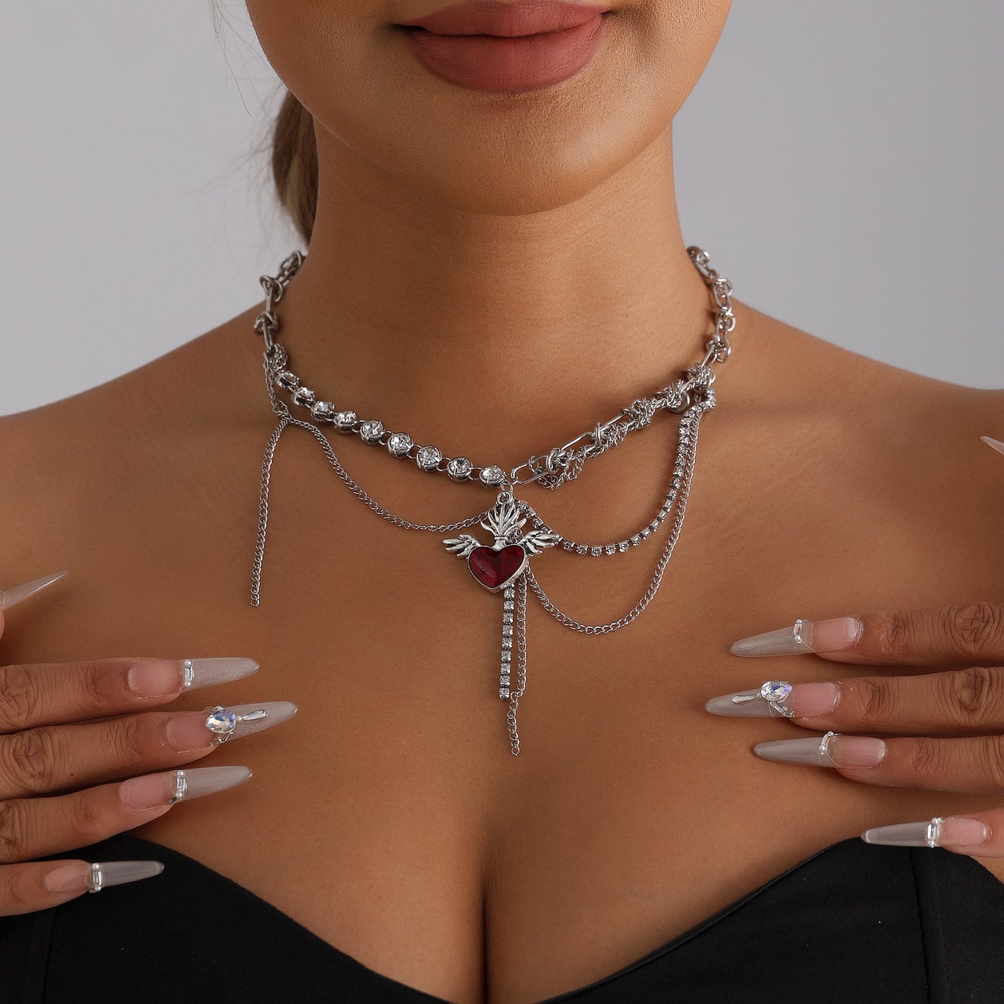 Red Heart Wing Geometric Rhinestone Alloy Necklace for Women
