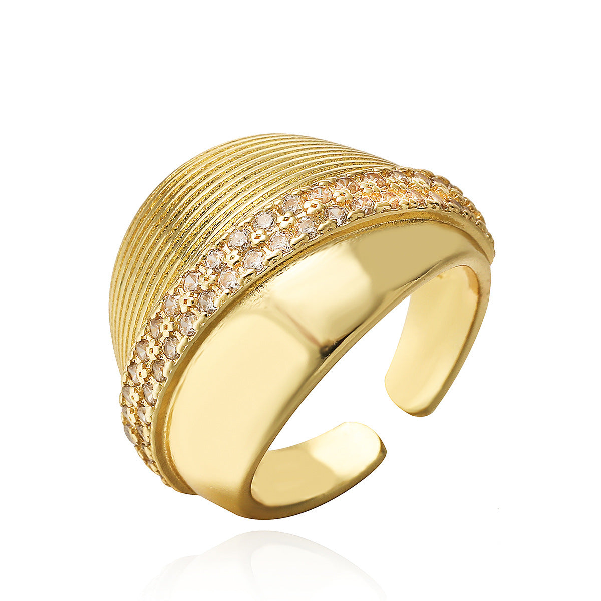 Anello aperto geometrico vintage da donna in ottone placcato oro 18 carati e zirconi micropavé