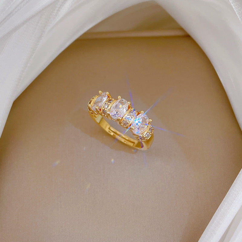 Sweet Minimalist Gold Plated Brass Rhinestone Crown Ring Adjustable Open Band for Women and Couples