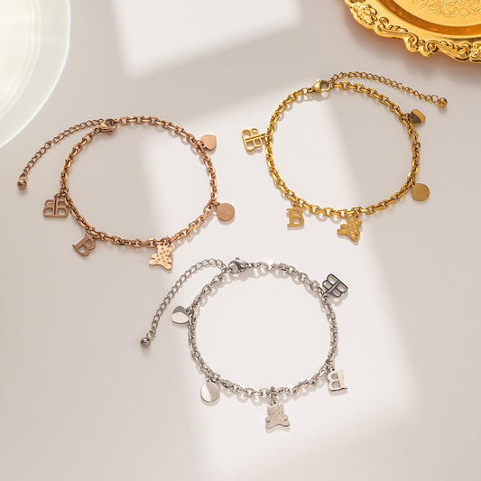 Pulsera de acero inoxidable con dije minimalista de oso para mujer, con estética hip-hop y "cool"