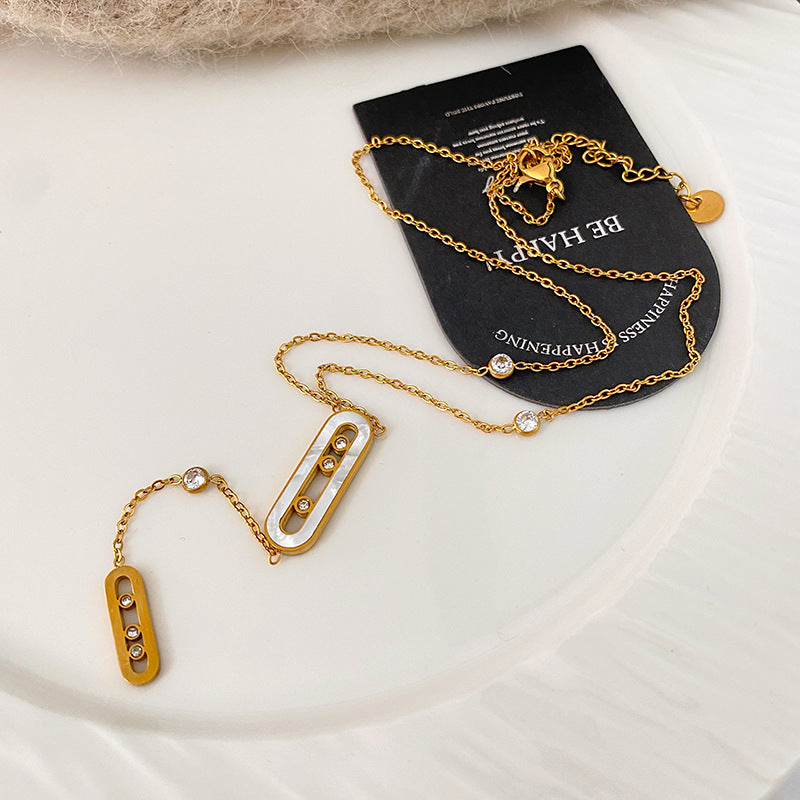 Minimalist Geometric Titanium Steel Necklace with Gold Plating, Micro-set Diamond and Shell Tassel