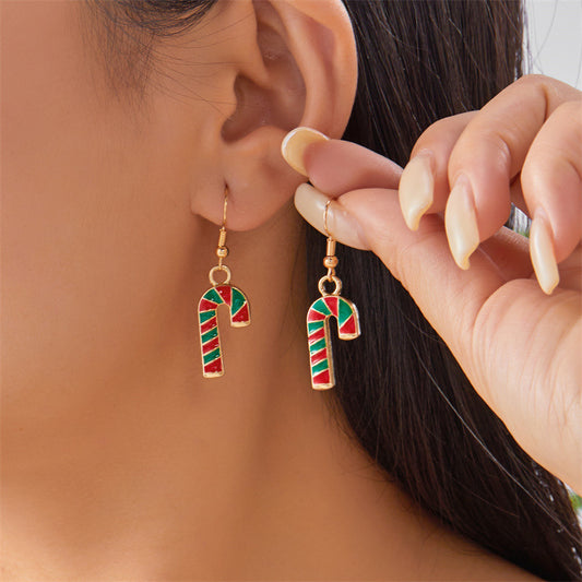 Pendientes de Navidad con forma de bastón de caramelo para mujer con base de aleación de zinc y acabado galvanizado, joyas festivas coloridas rojas y verdes para fiestas navideñas.
