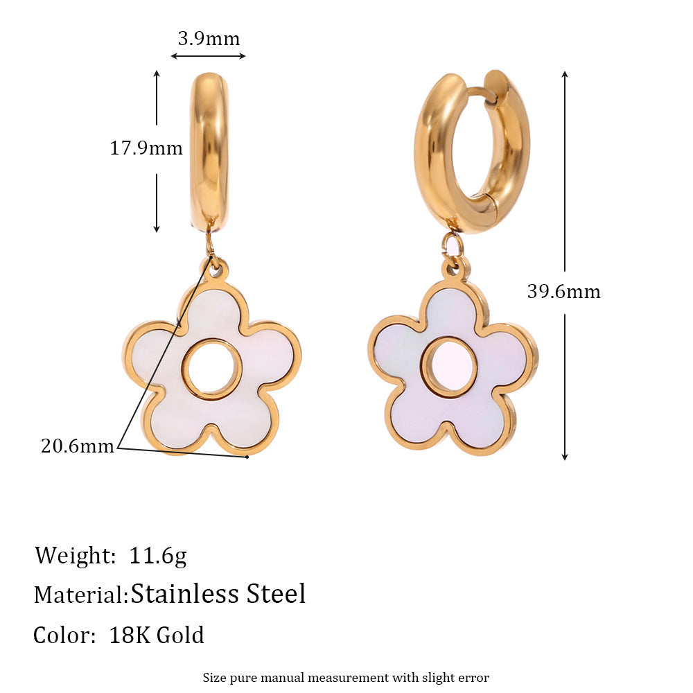 Fashionable Minimalist Heart and Floral Stainless Steel Earrings with 18K Gold Plating Hollow Seashell Pendant and Thick Hoop Design
