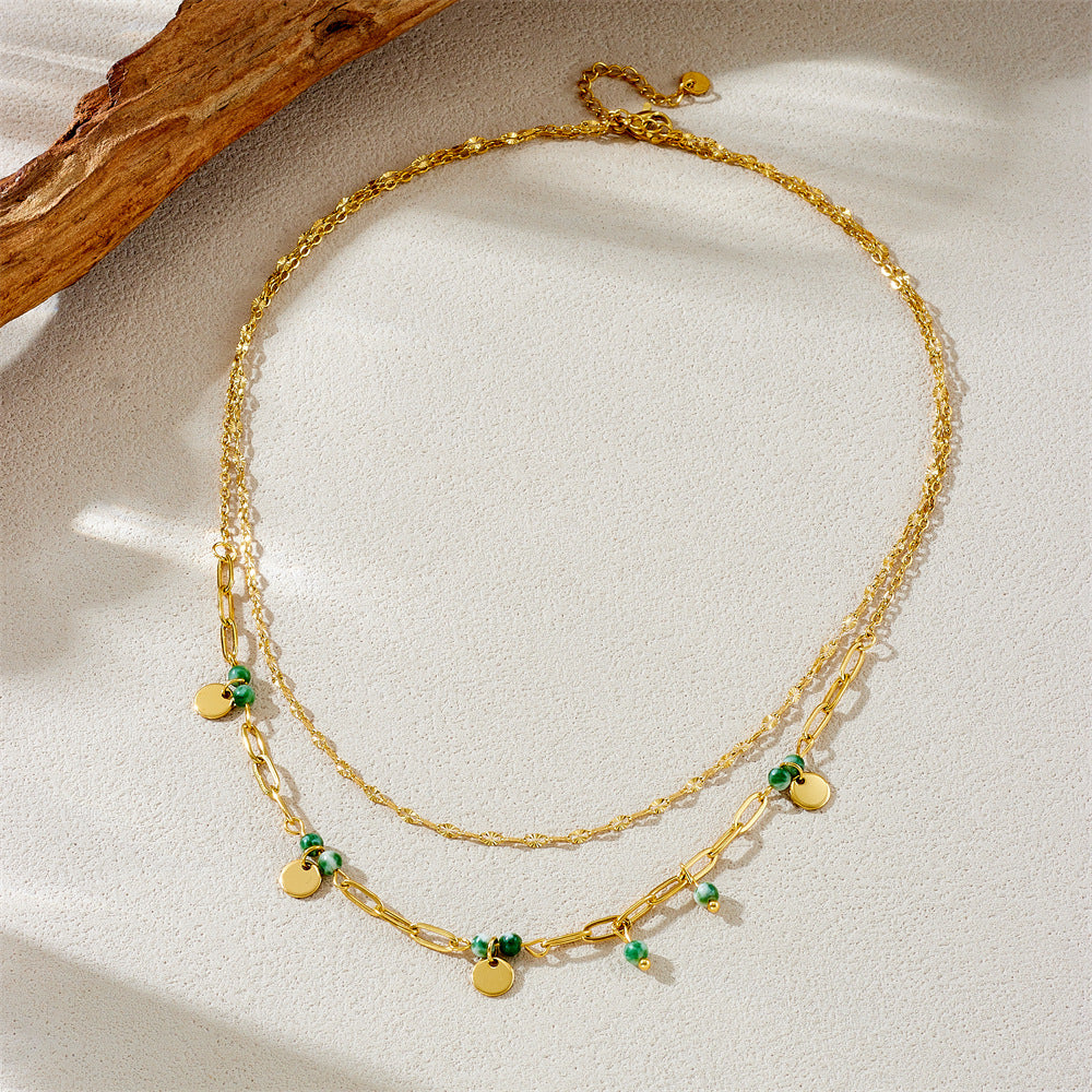 Vintage-Style Geometric Stainless Steel Plated Clavicle Necklace for Women with Double-Layer O-Chain Design
