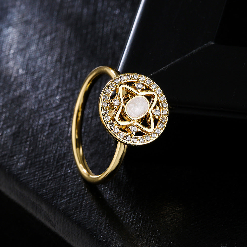 Anello Aperto Geometrico alla Moda da Donna con Base in Rame Placcata Oro 18K e Pietra in Zirconia Micro-Incastonata