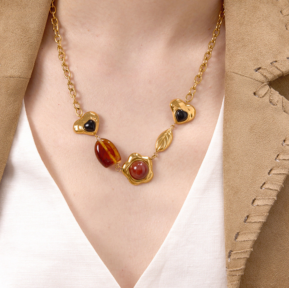 Collana pendente geometrica vintage da donna in resina, con catena in acciaio inossidabile e finitura placcata