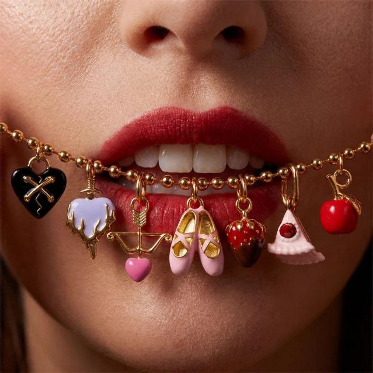Vintage 18K Gold Plated Brass Drip Oil Cartoon Fruit Charm Bar for Women