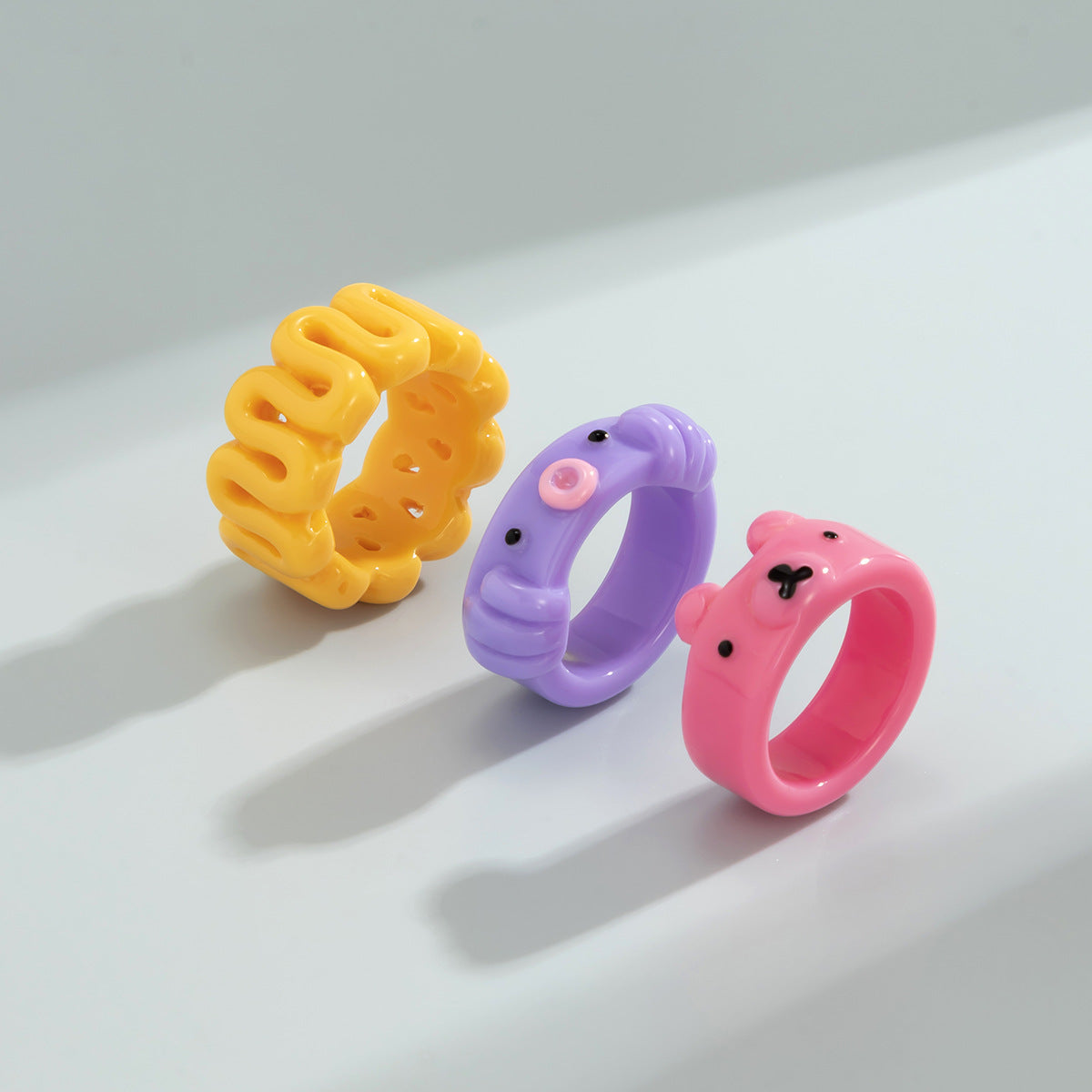 Sweet and Edgy Geometric Bear Acrylic Ring Set for Women with Textured Finish Stackable Hand Jewelry
