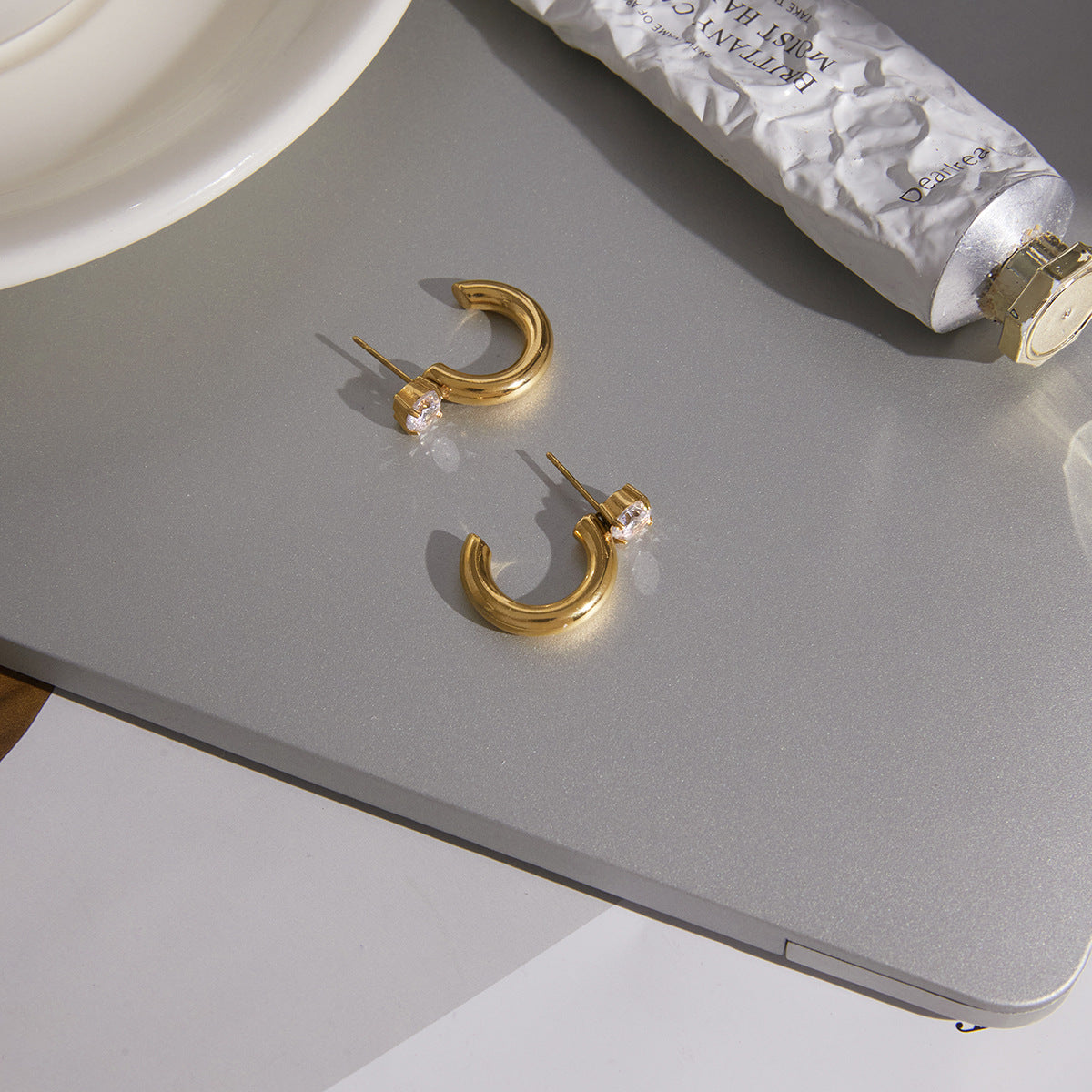 Luxury Elegant Geometric Stainless Steel PVD 18K Gold Plated Cubic Zirconia Hoop Earrings for Women