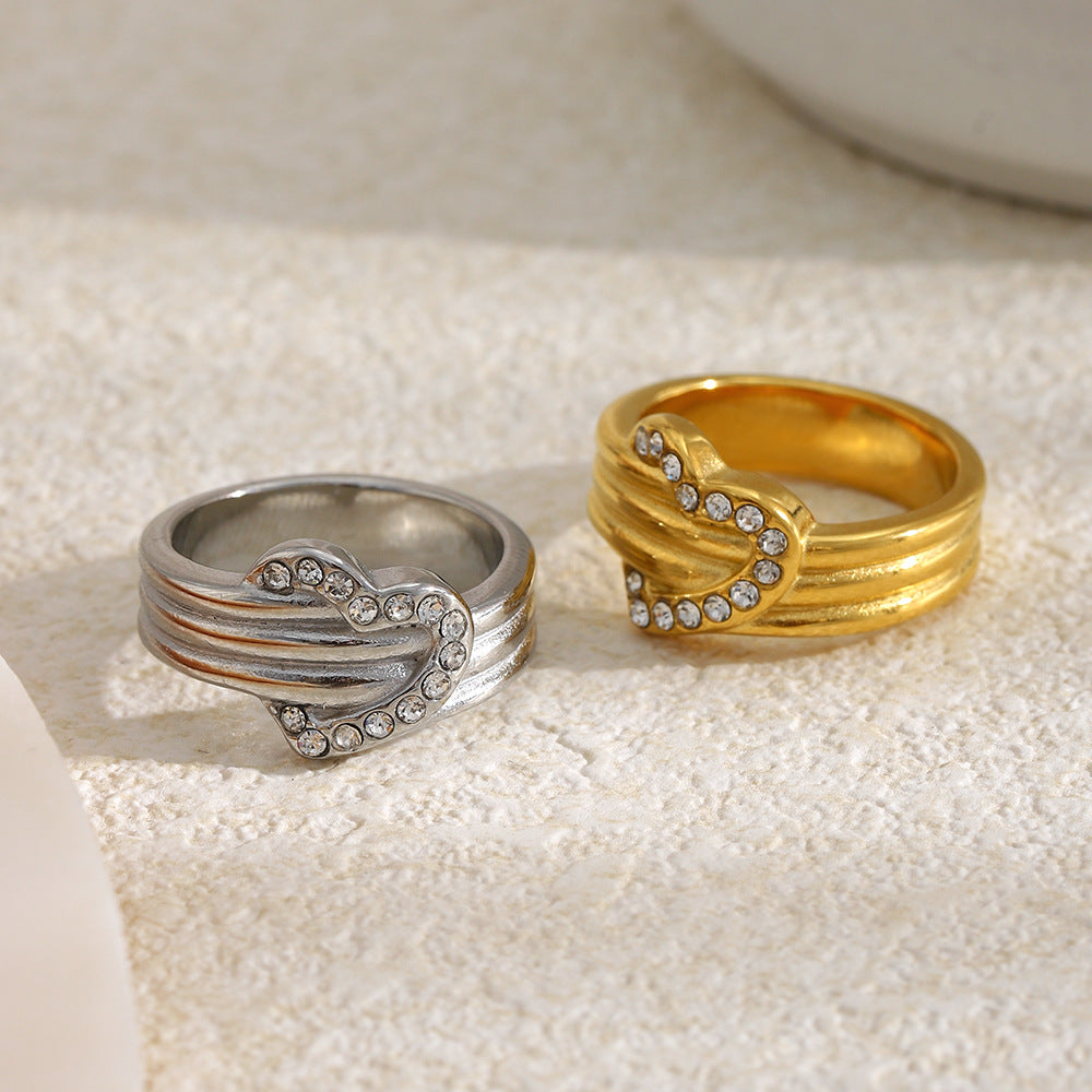 Minimalist Luxury 18K Gold Plated Stainless Steel Heart Rhinestone Ring for Women