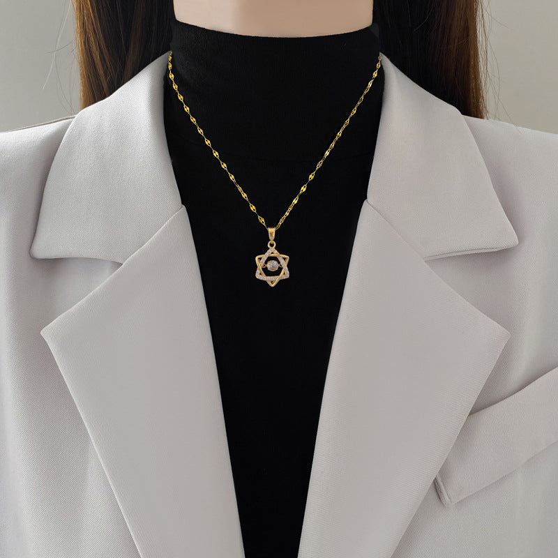 Minimalist Hexagram Pendant Necklace in Titanium Steel with Rhinestone Inlay for Women and Unisex, Delicate Clavicle Chain