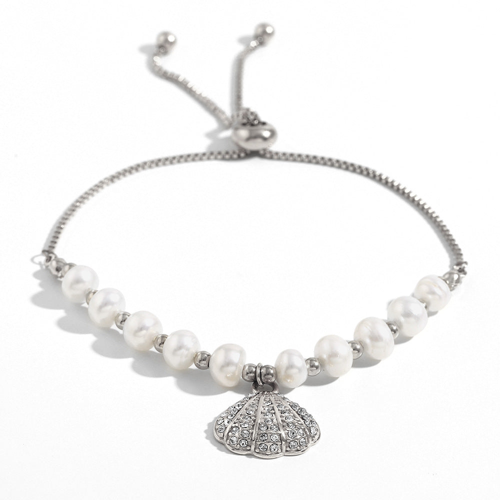 Bracciale regolabile da donna in acciaio inossidabile placcato oro 18 carati con perle e conchiglie, stile vintage geometrico