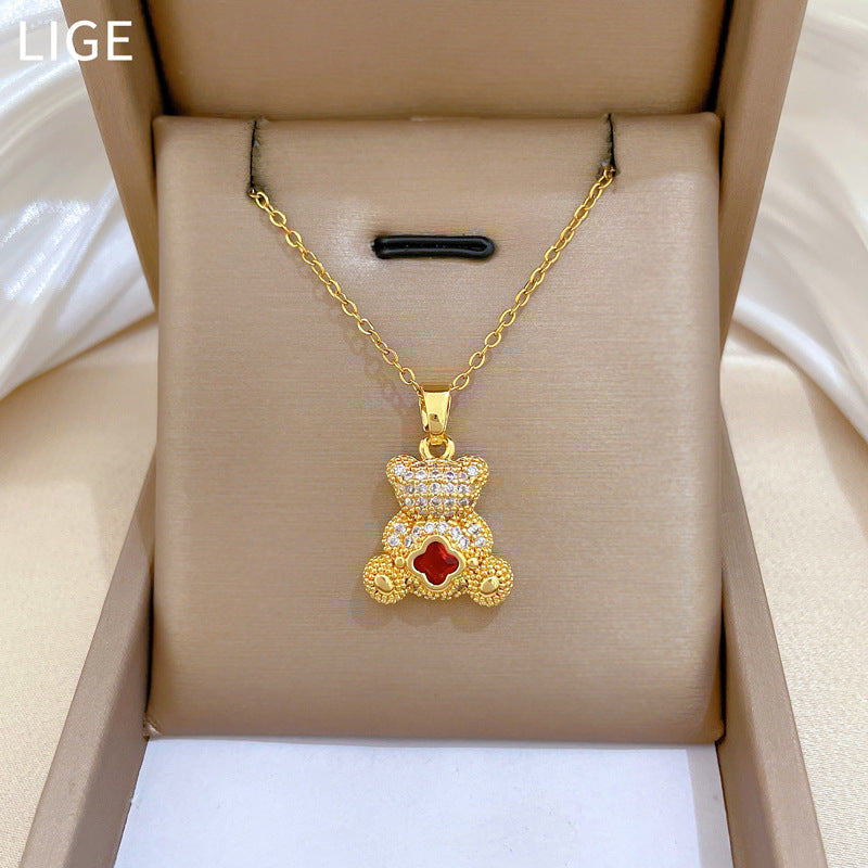 Sweet Cartoon 3D Red Bear Rhinestone Titanium Steel Necklace for Unisex