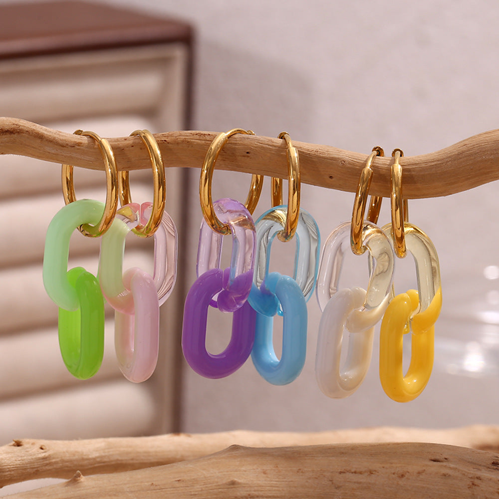 Pendientes de acero inoxidable geométricos de moda con baño de oro de 18 quilates y diseño de aro acrílico brillante para mujer