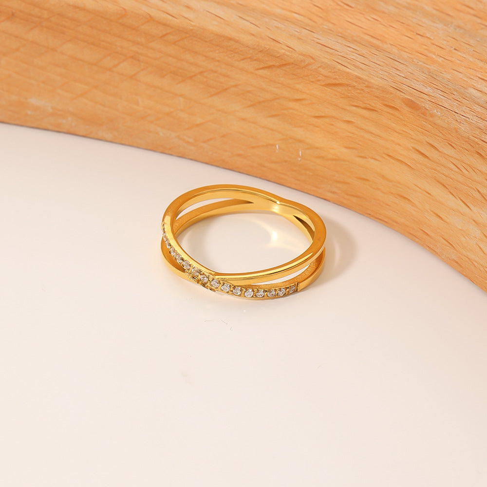 Minimalist Geometric Stainless Steel Ring with Micro-Pavé Zirconia, Thin Fashionable Band for Women