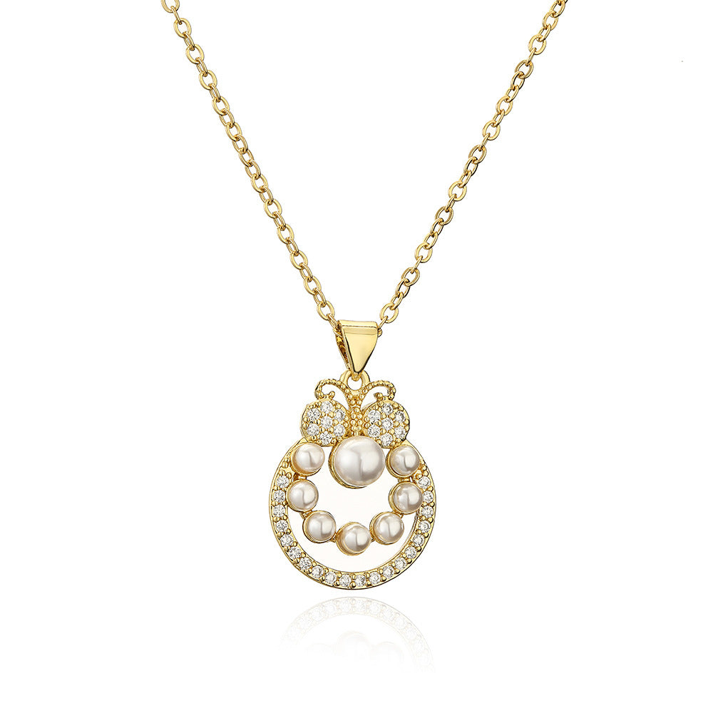 Butterfly-Shaped Copper Pendant Necklace for Women with Zircon and Pearl Accents, Minimalist Fashionable Clavicle Chain