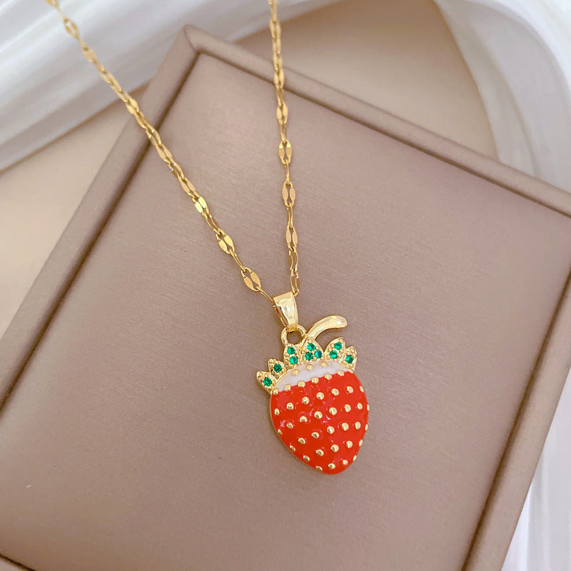 Luxury Sweet Geometric Strawberry Pendant Necklace Titanium Steel Chain Rhinestone Inlay