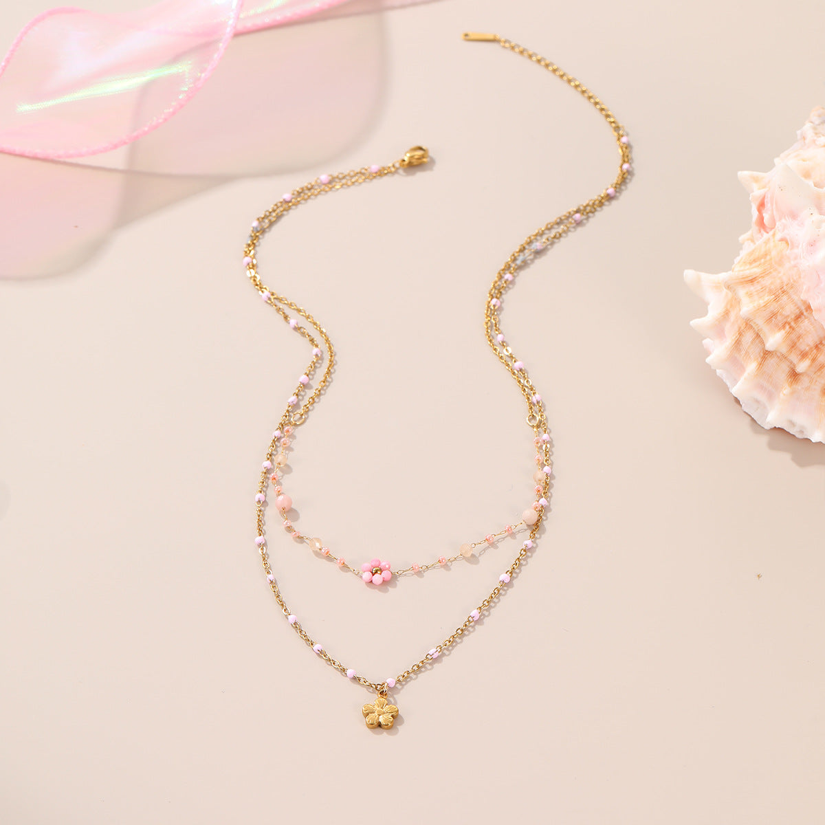 Fashionable Floral Geometric Stainless Steel Necklace with 18K Gold Plating for Women