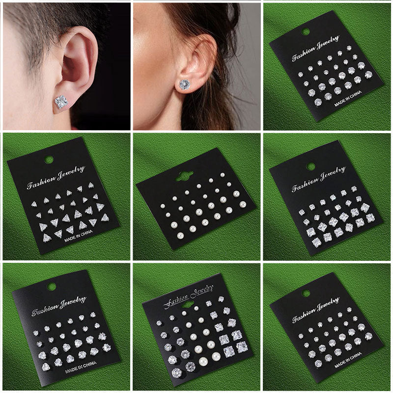 Set di 12 paia di orecchini casual con perle, zirconi cubici, cuore, forme geometriche, rotonde, triangolari e quadrate in acciaio inossidabile