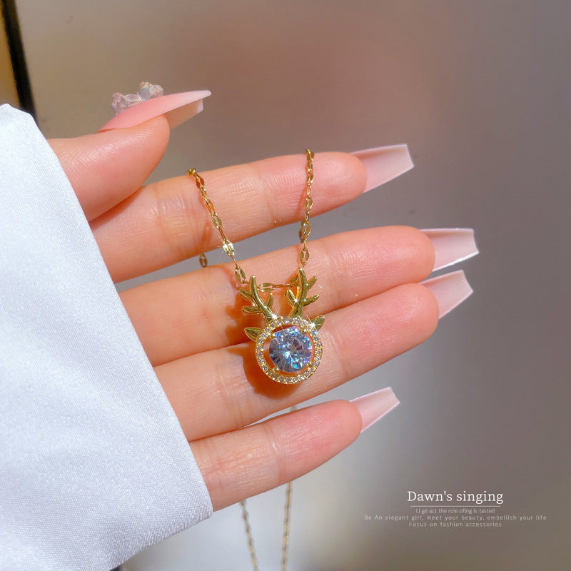 Luxury Titanium Steel Micro-Paved Zircon Deer Antler Necklace for Women with Adjustable Chain and Geometric Design