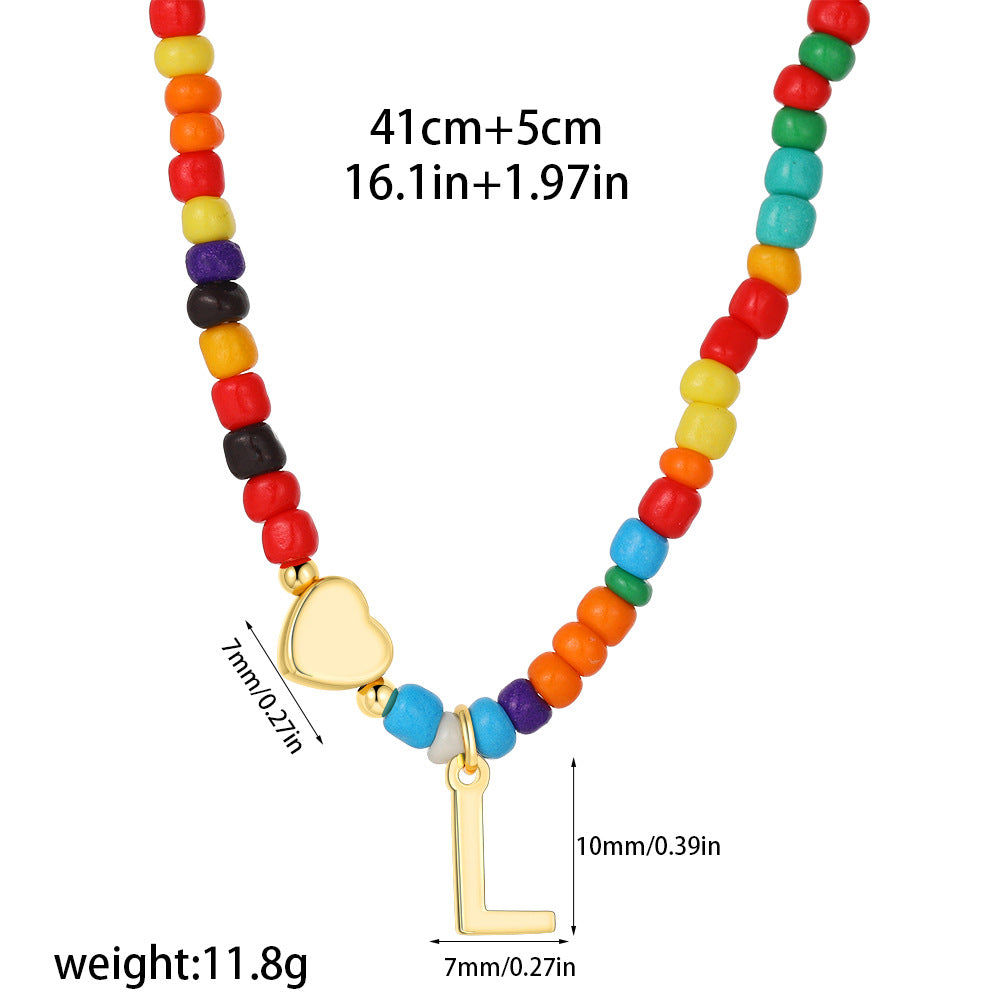 Collana Unisex Casual Placcata Oro 14K con Ciondolo a Cuore Lettera e Perline in Acciaio Inossidabile