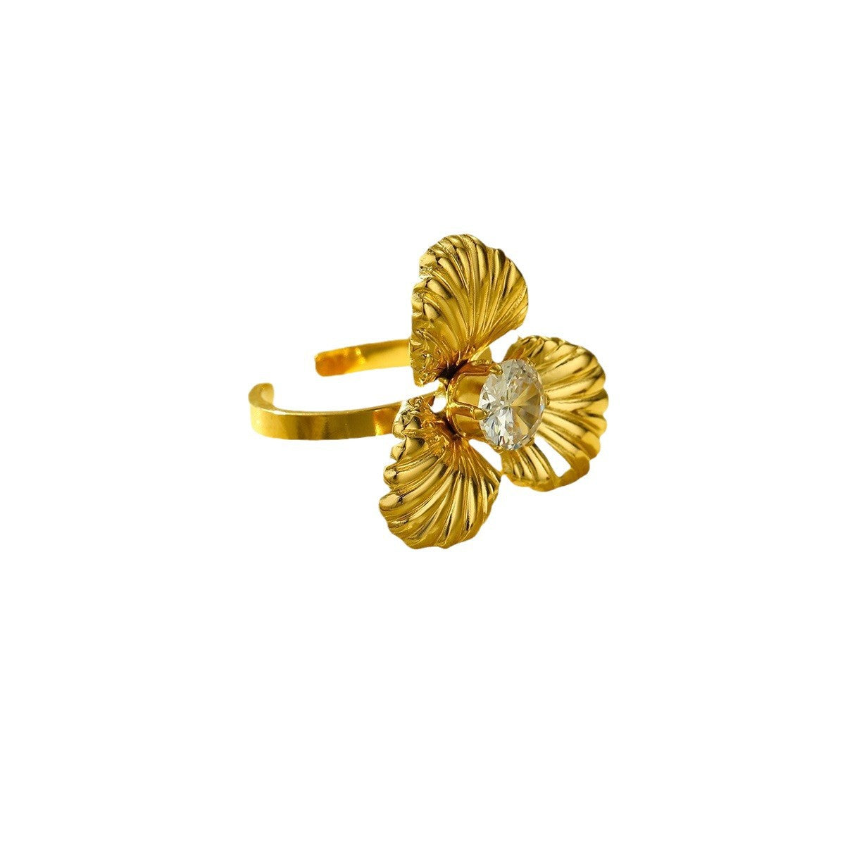 Elegante Anello Aperto da Donna in Acciaio al Titanio con Design Floreale 3D, Intarsiato con Strass e Finitura di Lusso