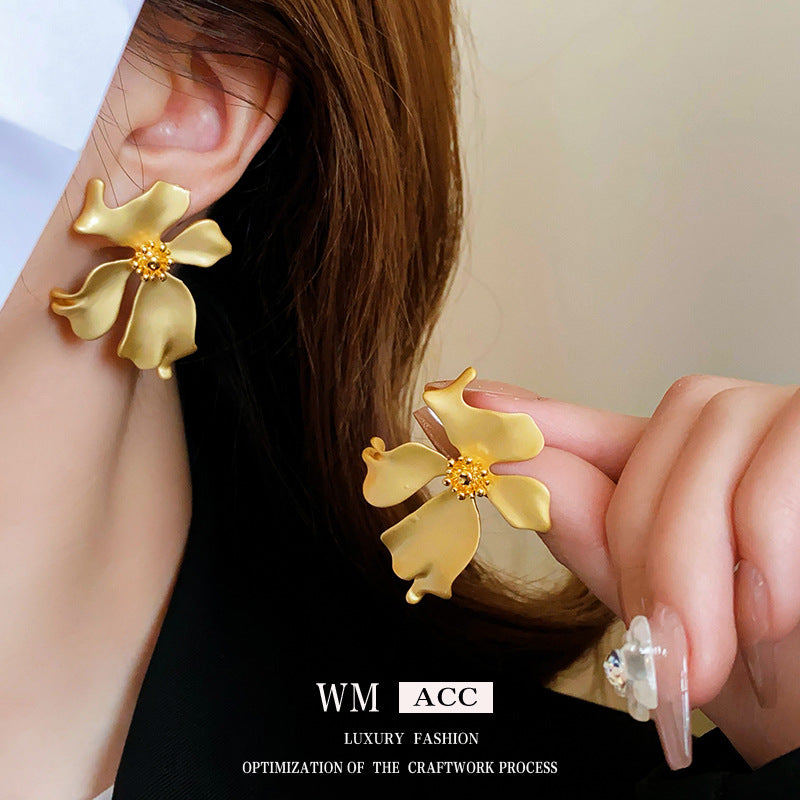 Vintage Floral Geometric Earrings in Brass with Matte Plated Finish for Women